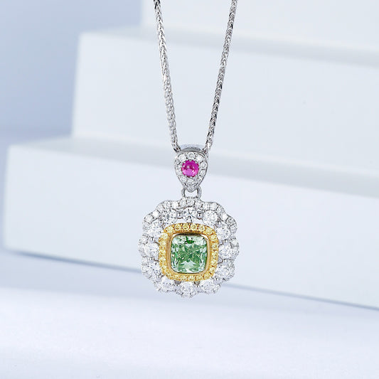 Cushion Cut Green Diamond Halo Pendant in 18K White Gold