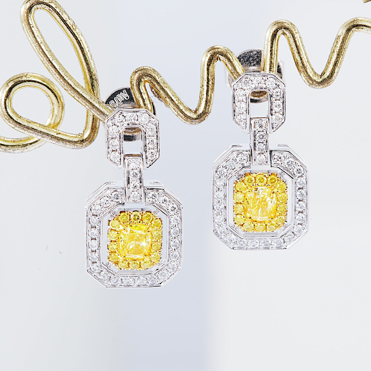 Cushion Cut Yellow Diamond Drop Earrings in White Gold -Front View