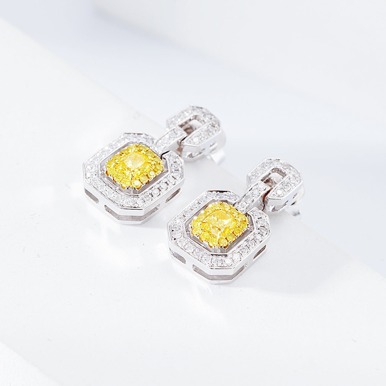 Cushion Cut Yellow Diamond Drop Earrings in White Gold -Side Angle