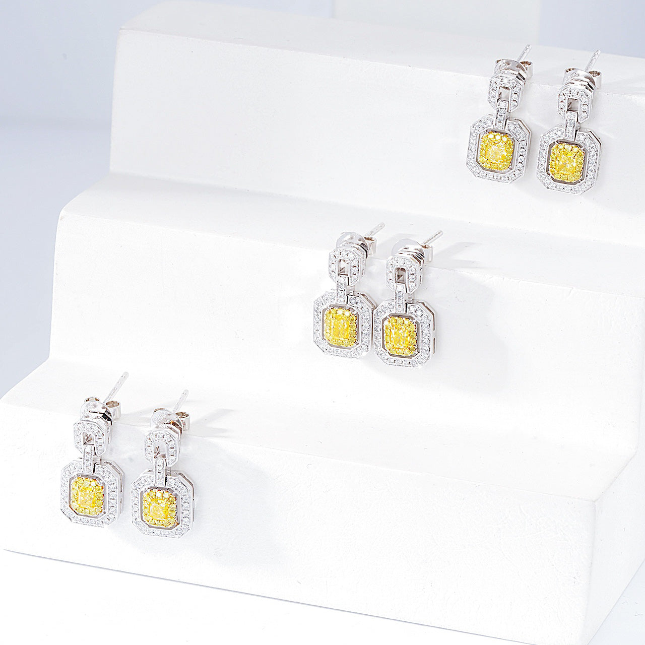 Cushion Cut Yellow Diamond Drop Earrings in White Gold -Top View