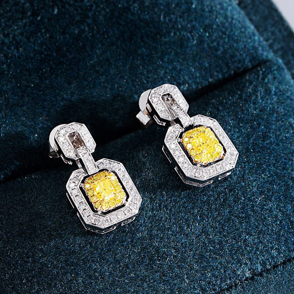 Cushion Cut Yellow Diamond Drop Earrings in White Gold -Perspective Close-up