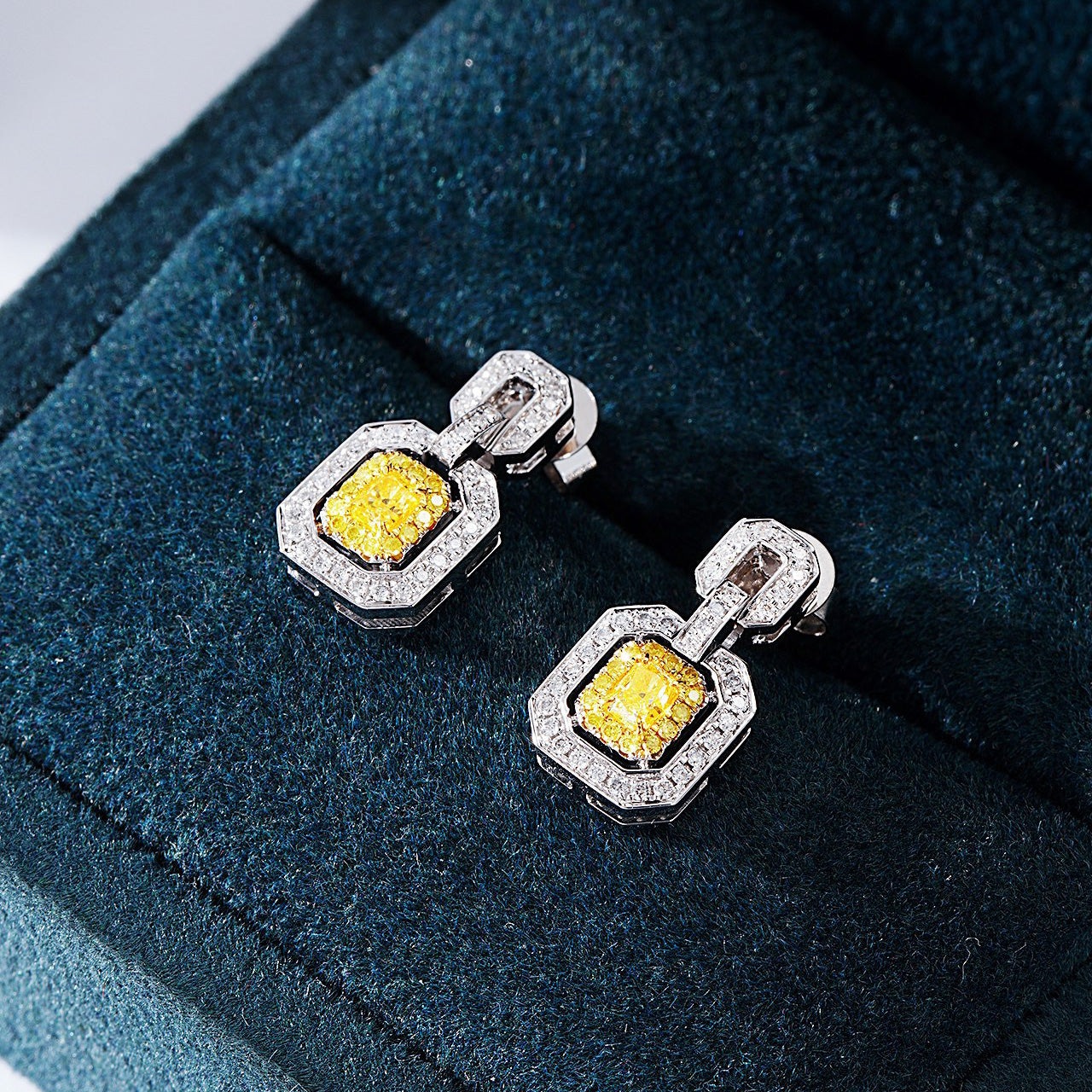 Cushion Cut Yellow Diamond Drop Earrings in White Gold -In-Box Display