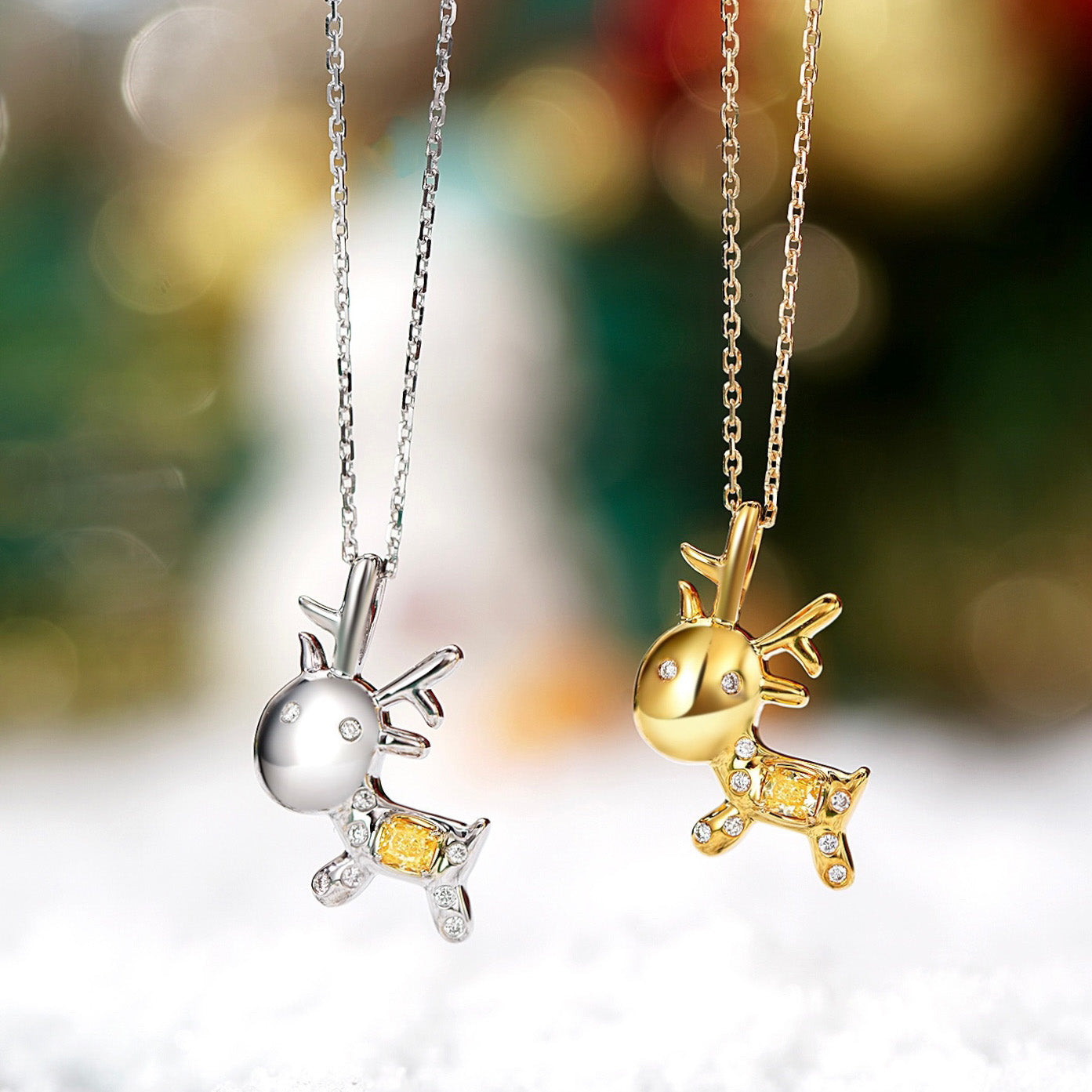 Christmas Yellow Diamond Reindeer Pendant in 18K Gold -Front View