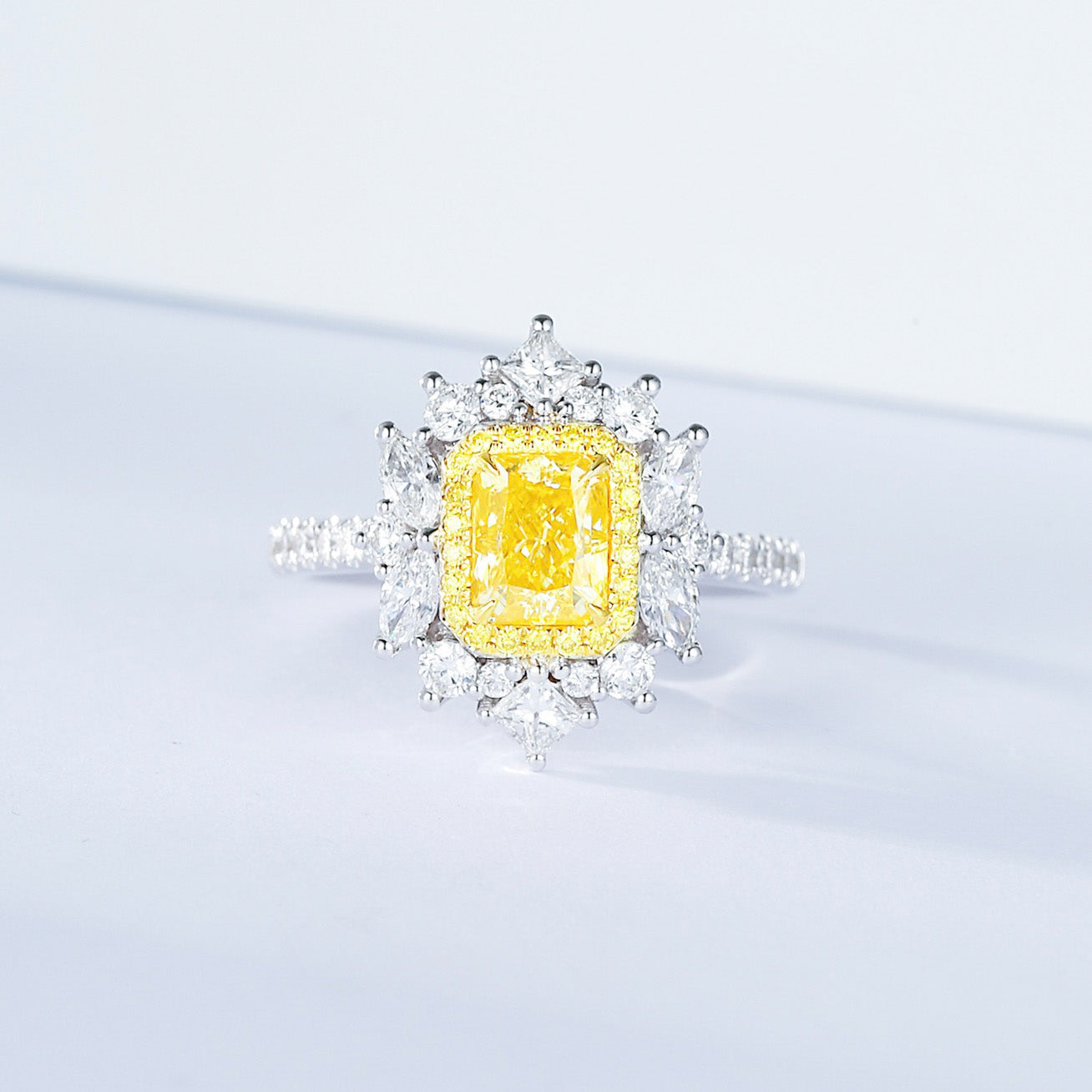 Cushion Cut Yellow Diamond Halo Engagement Ring with Pavé Setting in 18K White Gold -Front View