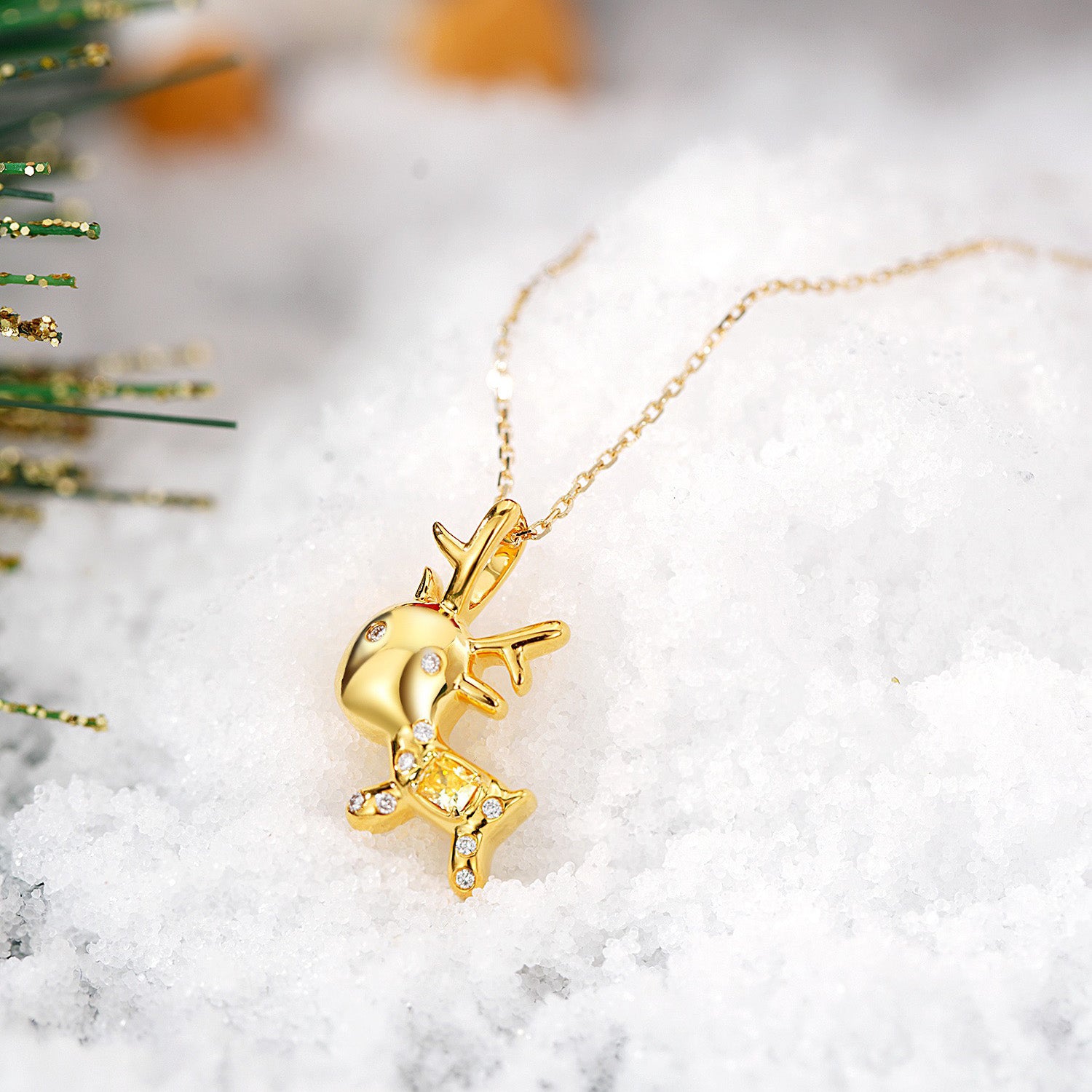 Christmas Yellow Diamond Reindeer Pendant in 18K Gold -Side Angle