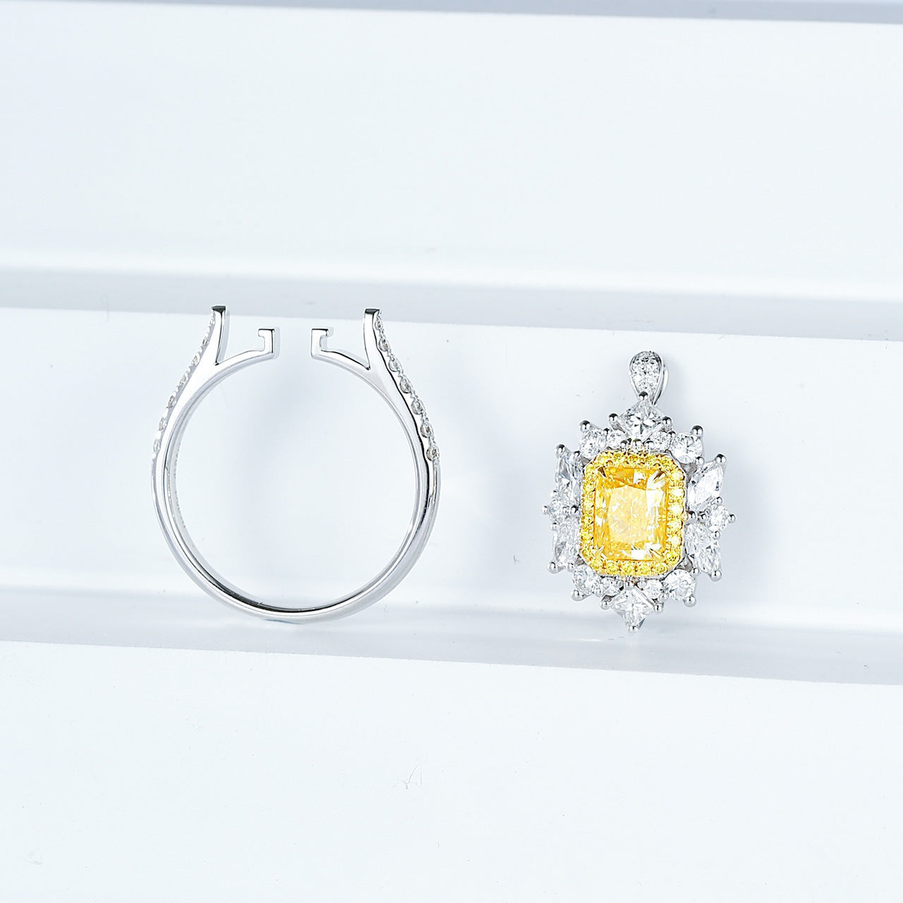 Cushion Cut Yellow Diamond Halo Engagement Ring with Pavé Setting in 18K White Gold -Top View