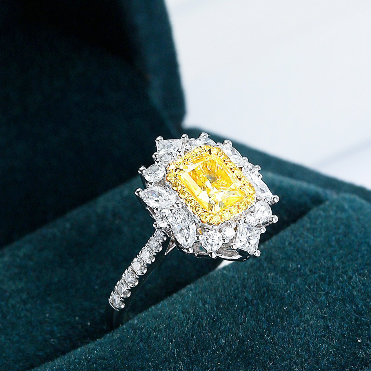 Cushion Cut Yellow Diamond Halo Engagement Ring with Pavé Setting in 18K White Gold -In-Box Display