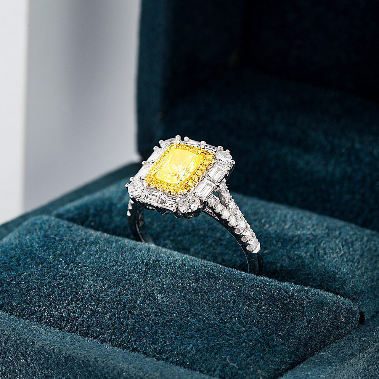 Carat Cushion-Cut Yellow Diamond Ring with White Diamond Halo