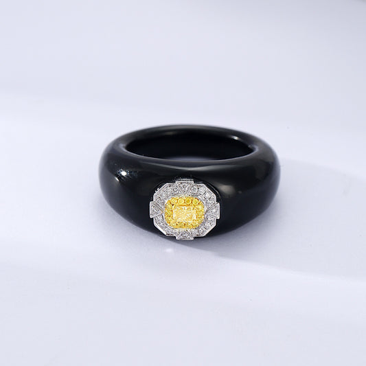 Cushion Cut Yellow Diamond Black Onyx Statement Ring