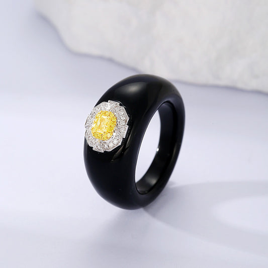 Cushion Cut Yellow Diamond Black Onyx Statement Ring