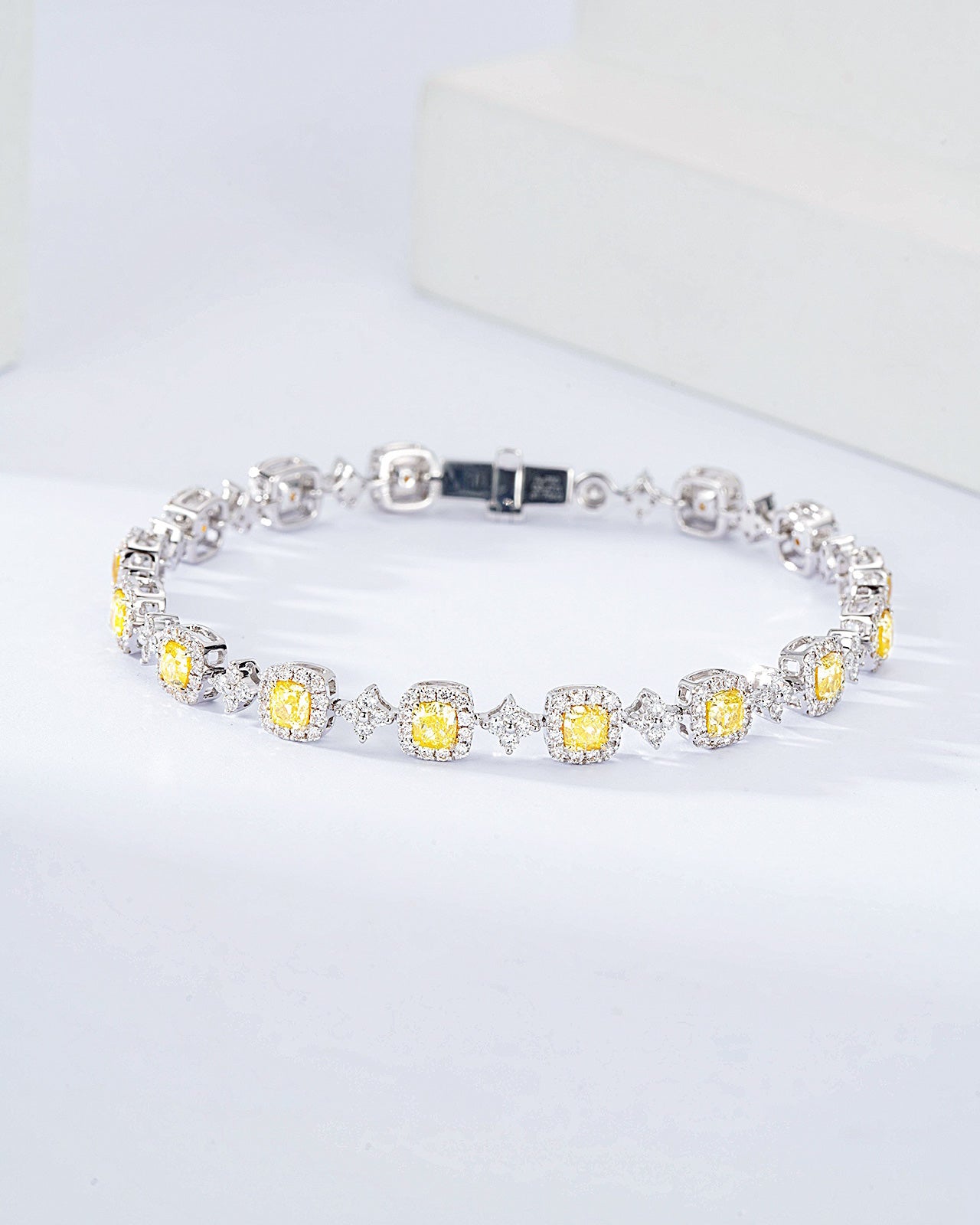 Cushion Cut Yellow Diamond Station Bracelet in 18K White Gold -Front View