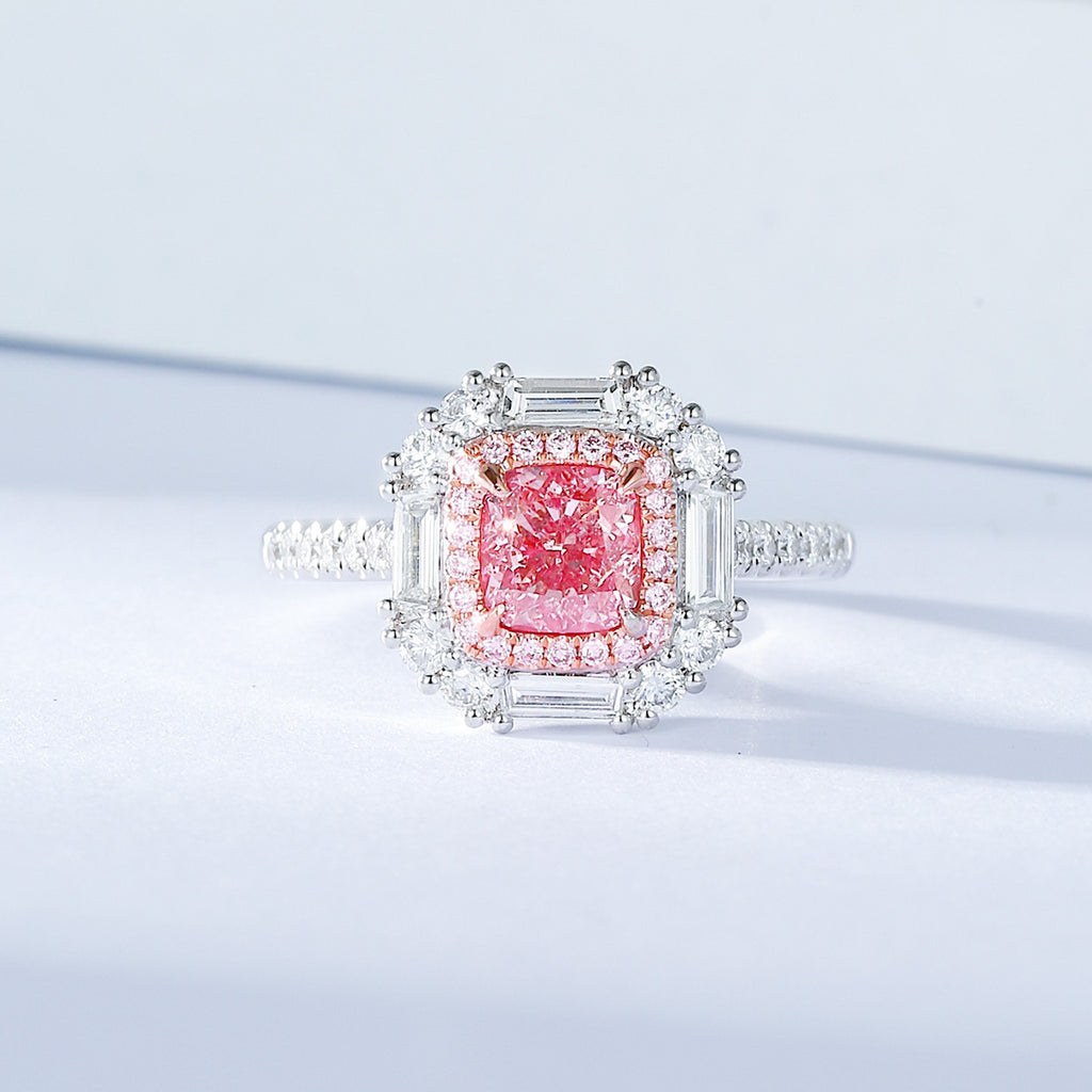 Cushion Cut Pink Diamond Halo Ring with Baguette and Round Accents