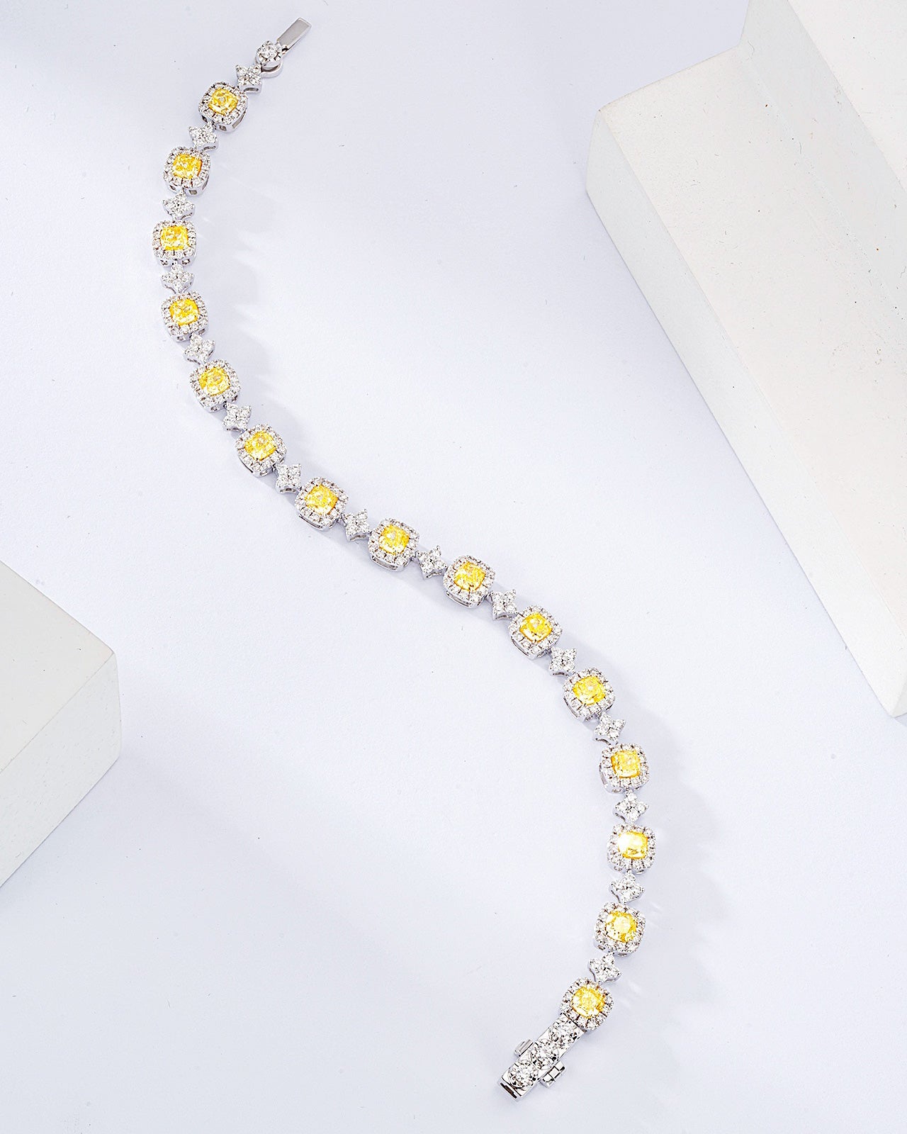 Cushion Cut Yellow Diamond Station Bracelet in 18K White Gold -Top View