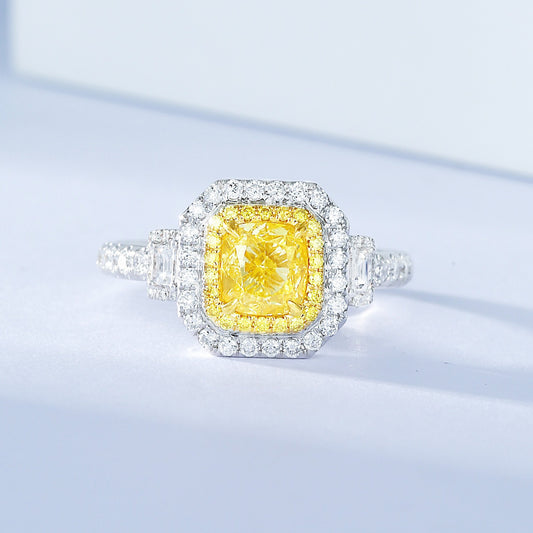 Cushion Cut Yellow Diamond Halo Engagement Ring with Pavé Setting in 18K White Gold