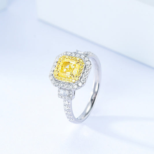 Cushion Cut Yellow Diamond Halo Engagement Ring with Pavé Setting in 18K White Gold