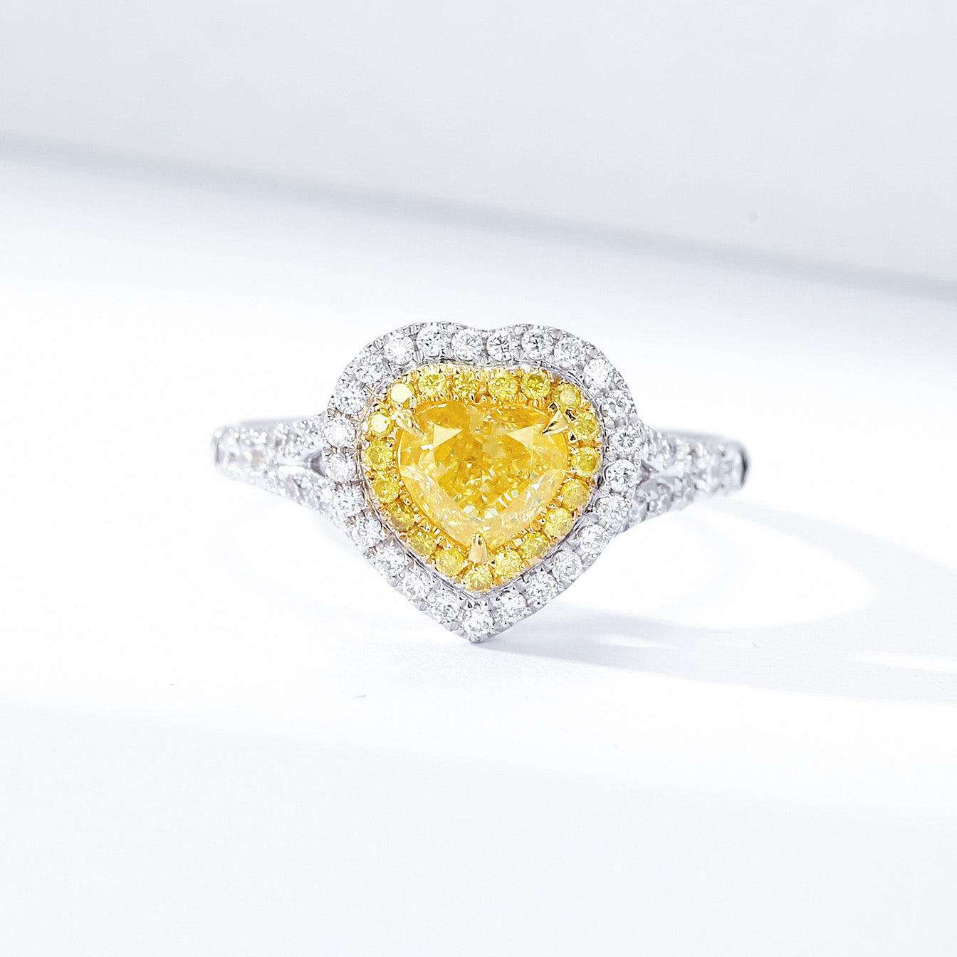 Heart Shaped Yellow Diamond Halo Engagement Ring in 18k White Gold -Front View