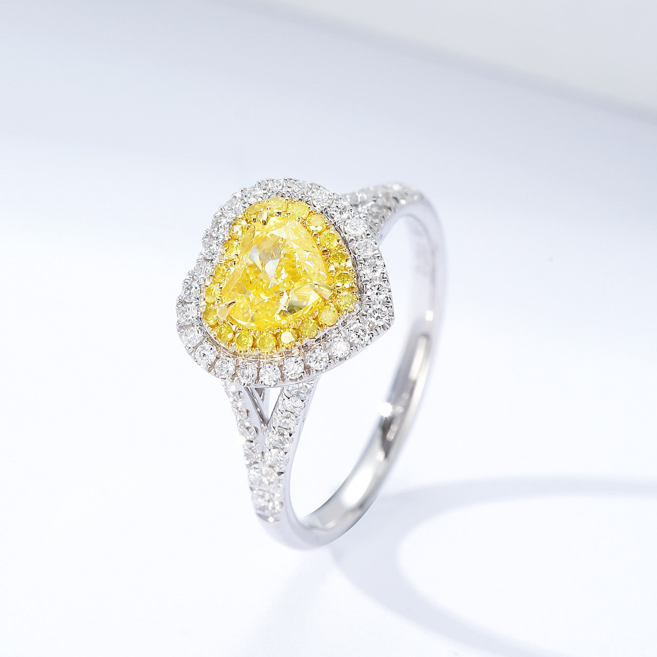 Heart Shaped Yellow Diamond Halo Engagement Ring in 18k White Gold -Side Angle