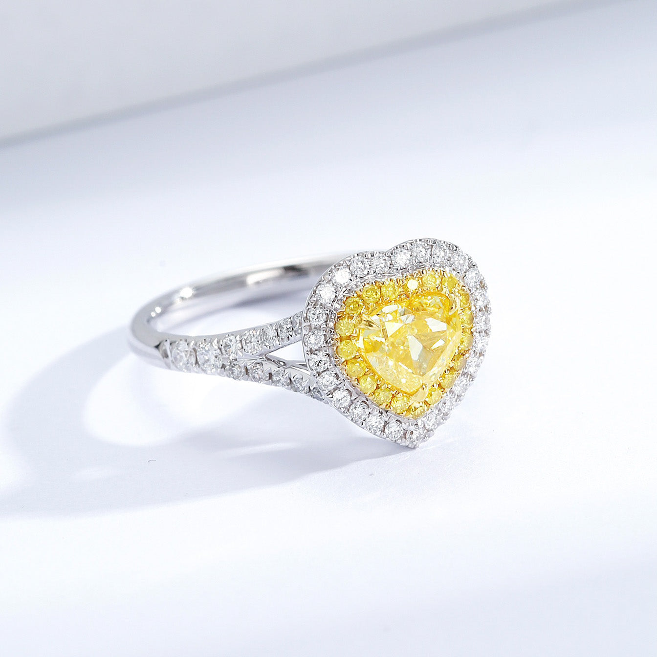 Heart Shaped Yellow Diamond Halo Engagement Ring in 18k White Gold -Top View