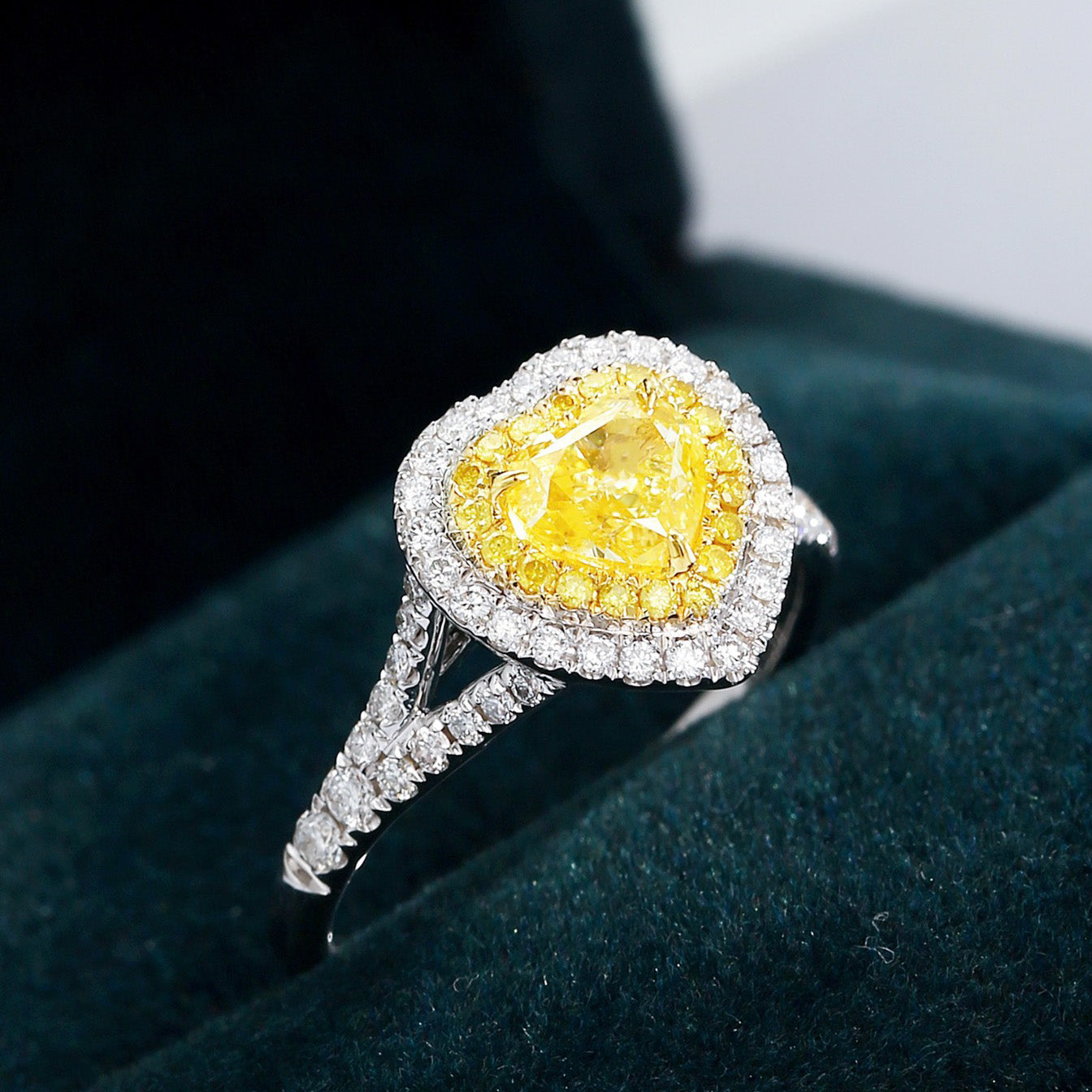 Heart Shaped Yellow Diamond Halo Engagement Ring in 18k White Gold -Perspective Close-up