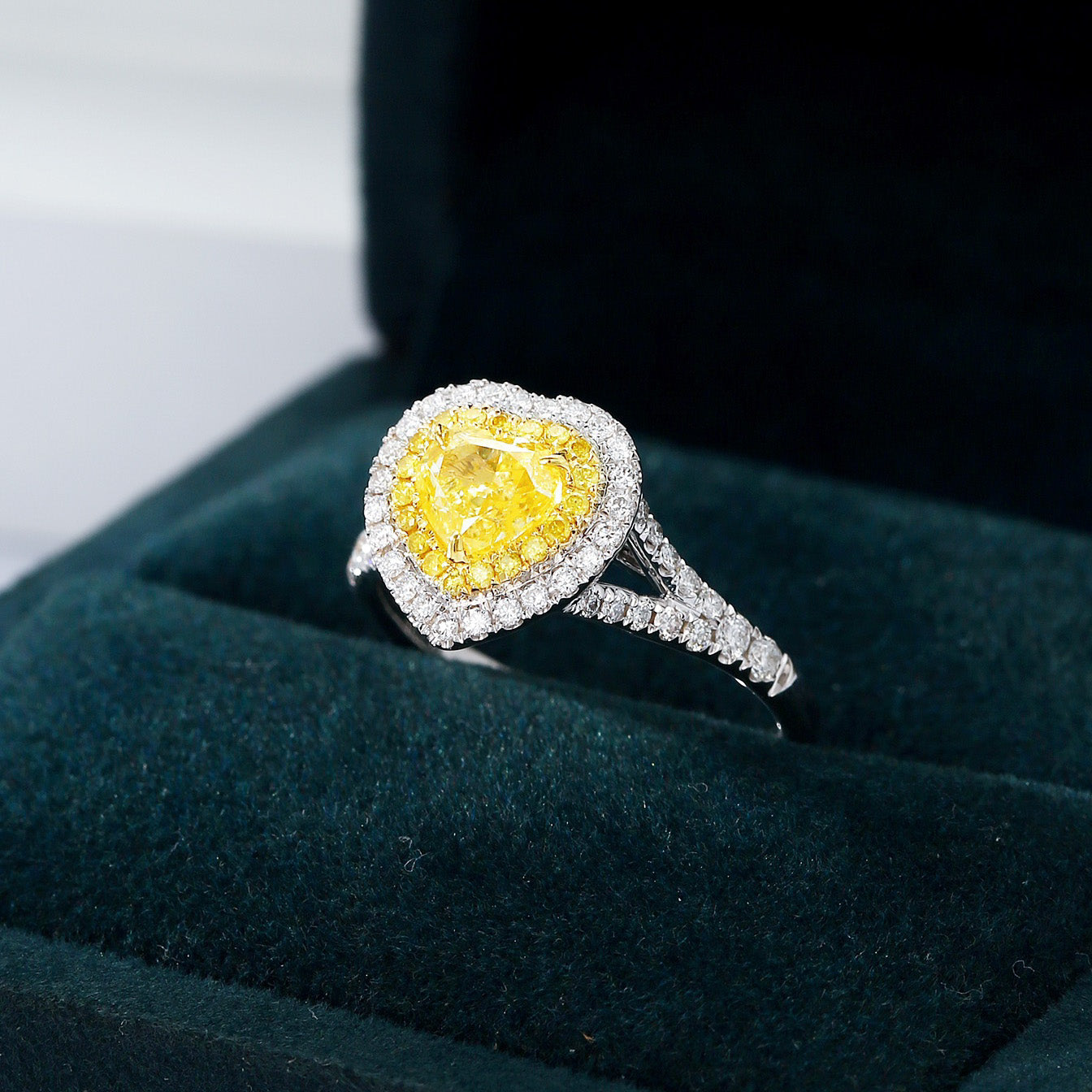 Heart Shaped Yellow Diamond Halo Engagement Ring in 18k White Gold -In-Box Display