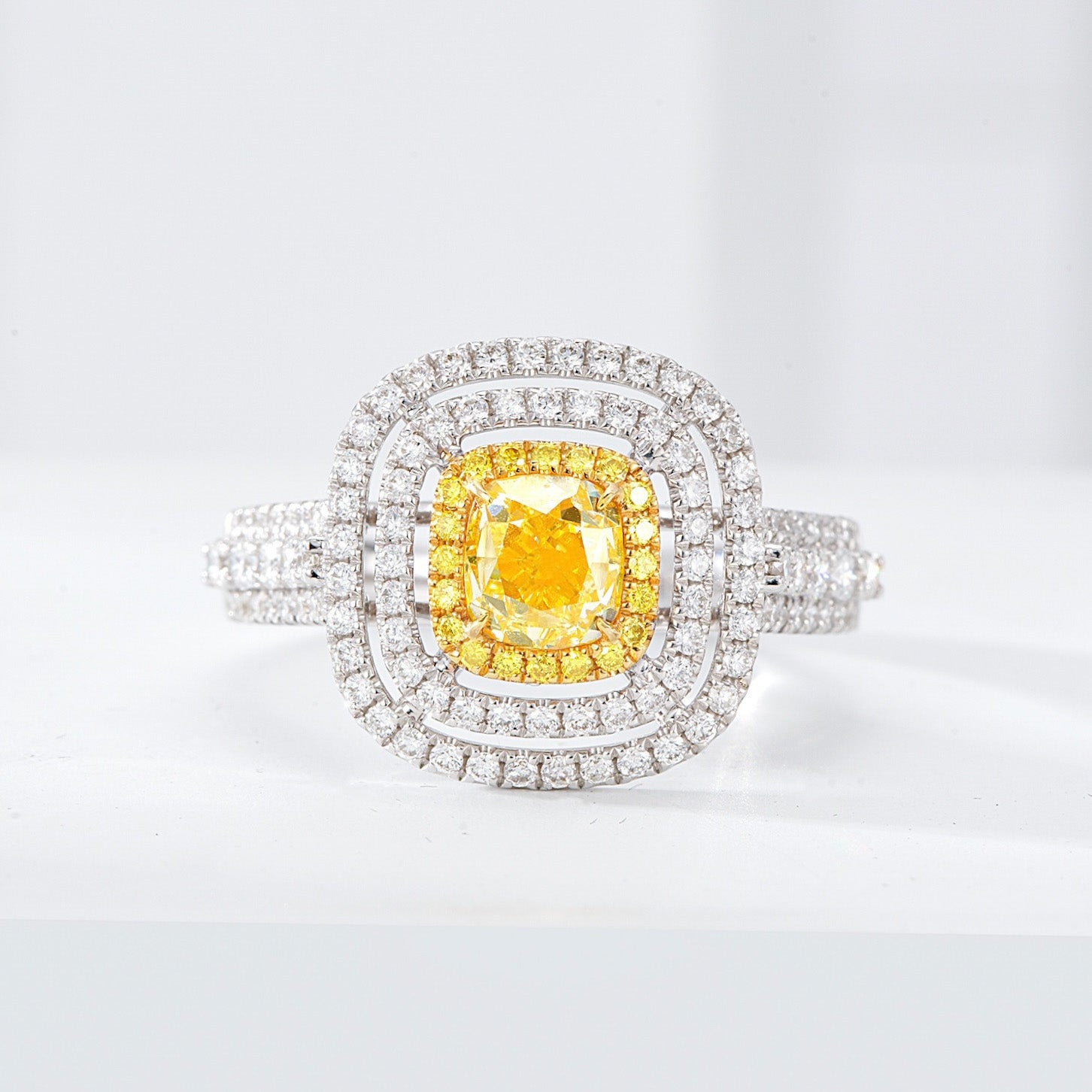 Cushion Cut Yellow Diamond Engagement Ring with Pavé Halo Setting in 18K White Gold -Front View