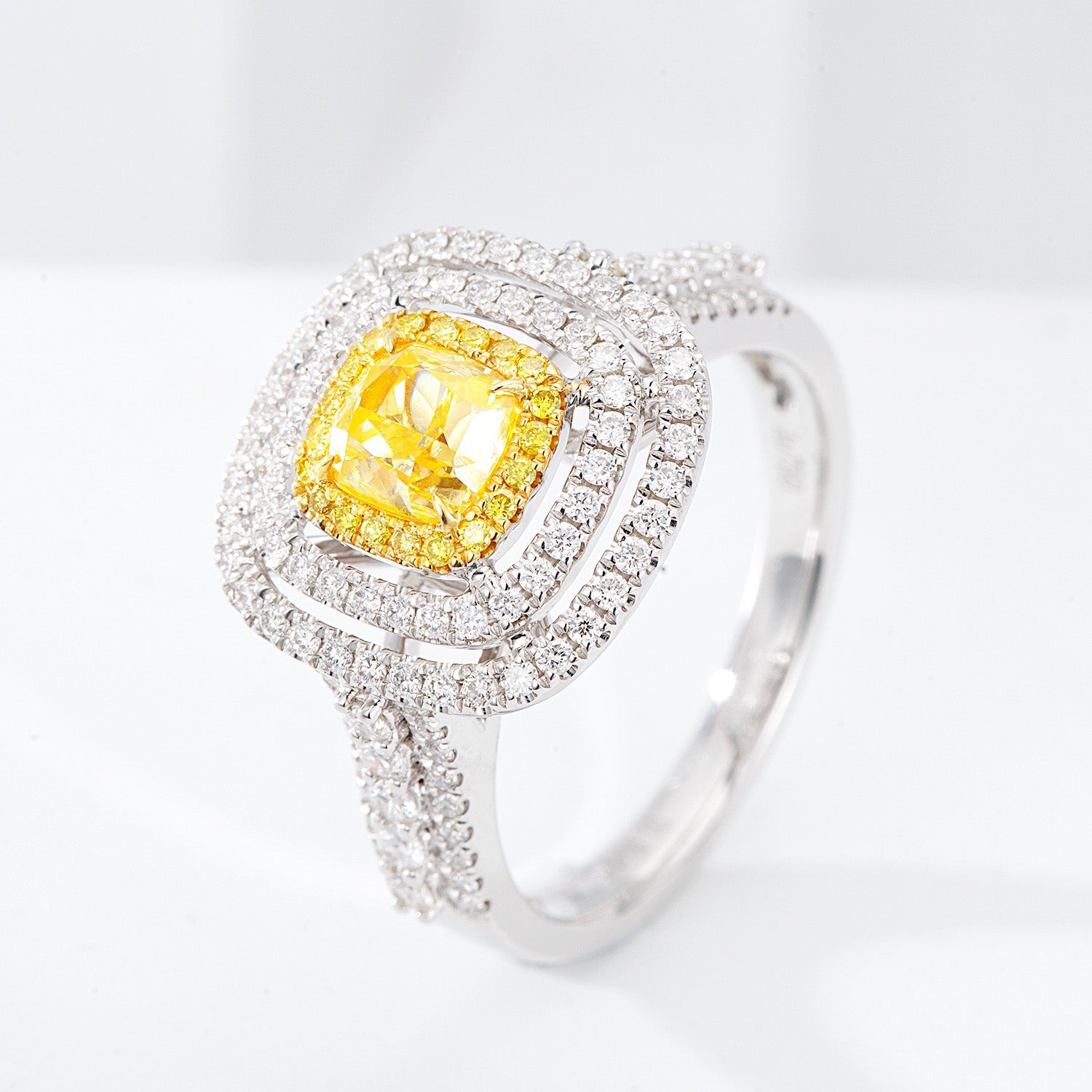 Cushion Cut Yellow Diamond Engagement Ring with Pavé Halo Setting in 18K White Gold -Side Angle