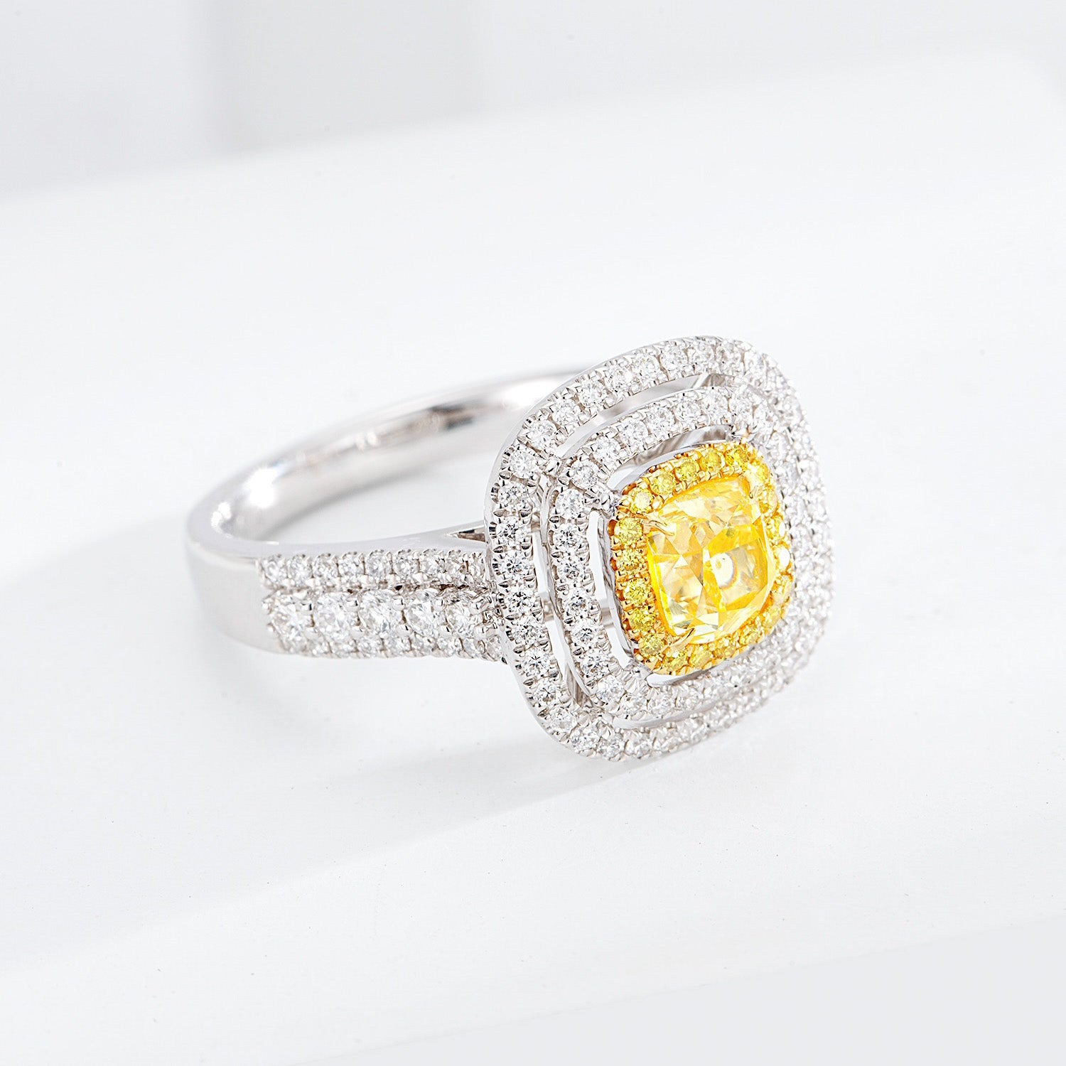 Cushion Cut Yellow Diamond Engagement Ring with Pavé Halo Setting in 18K White Gold -Top View