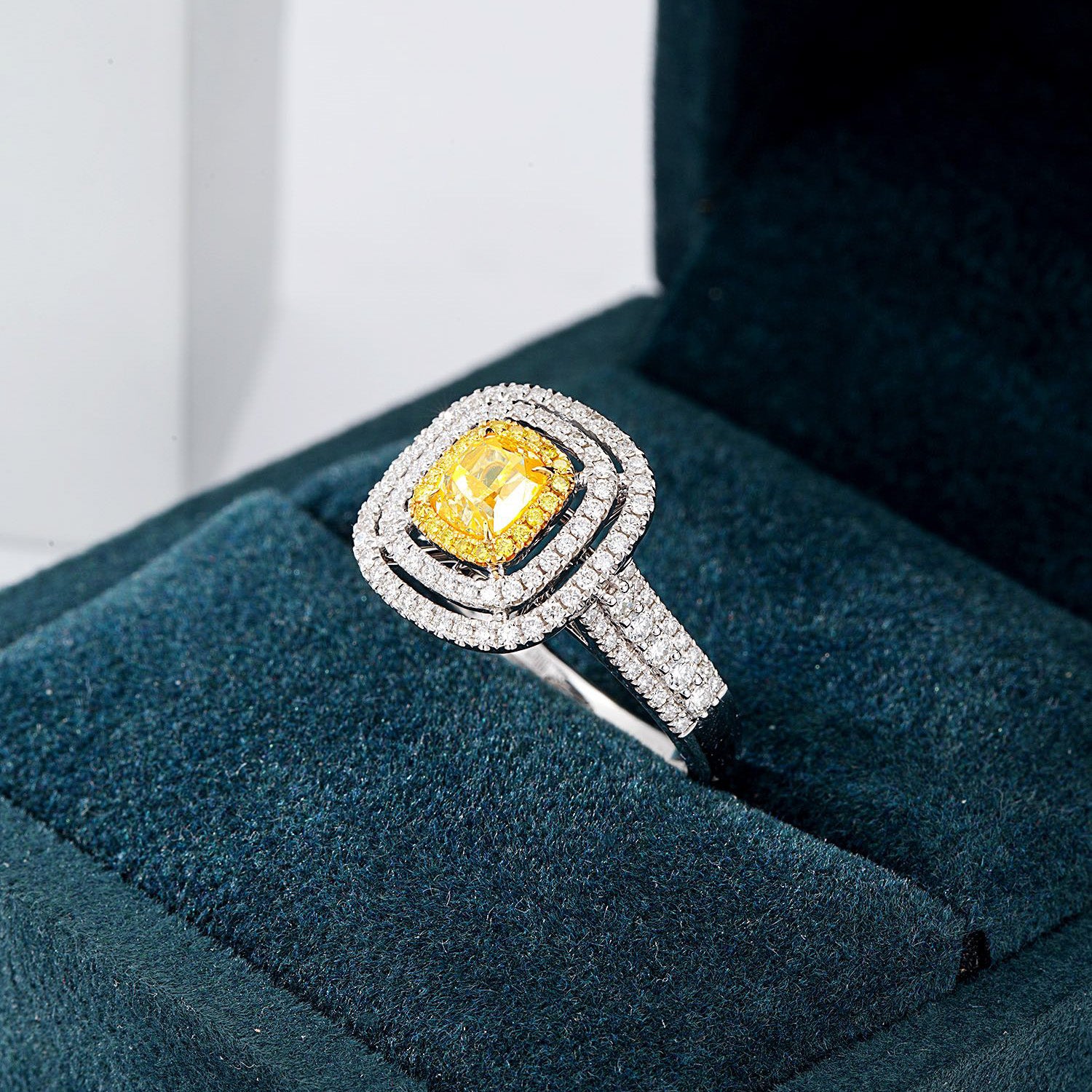 Cushion Cut Yellow Diamond Engagement Ring with Pavé Halo Setting in 18K White Gold -In-Box Display