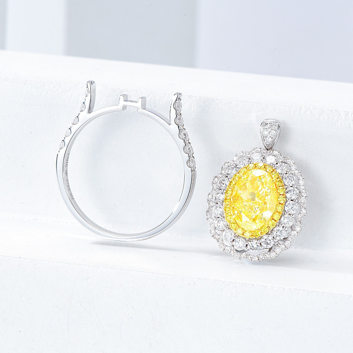 Oval Cut Yellow Diamond Engagement Ring with Pavé Halo Setting in 18K White Gold -Top View