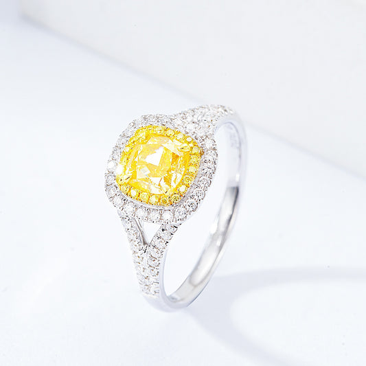 Cushion Cut Yellow Diamond Engagement Ring with Pavé Halo Setting in 18K White Gold