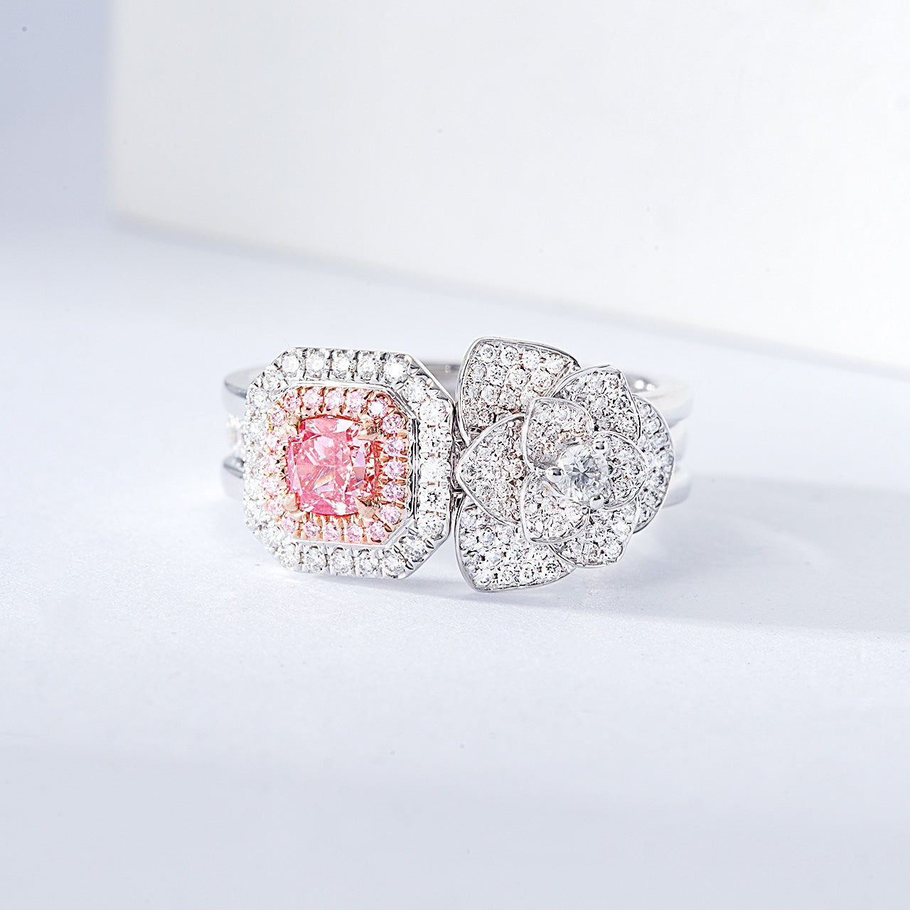 Convertible Cushion Cut Pink Diamond and Flower Design Ring Set -Front View