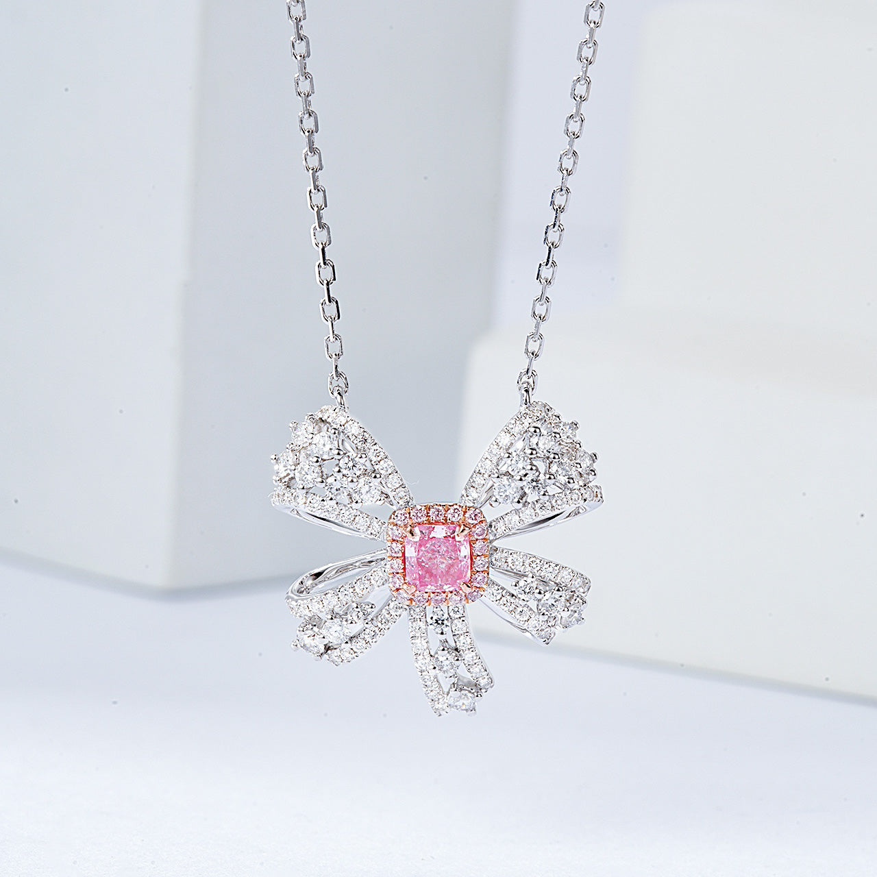 Cushion Cut Pink Diamond Designer Pendant in 18K White Gold -Front View