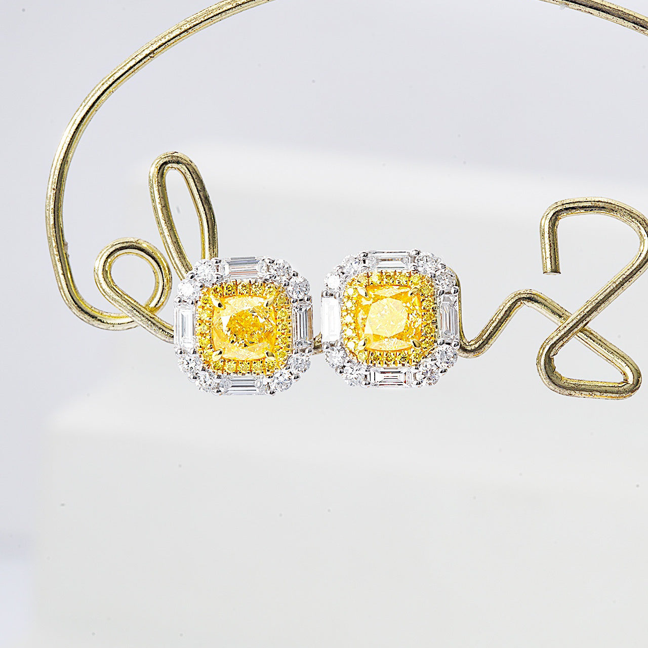 Cushion Cut Yellow Diamond Stud Earrings in White Gold -Front View