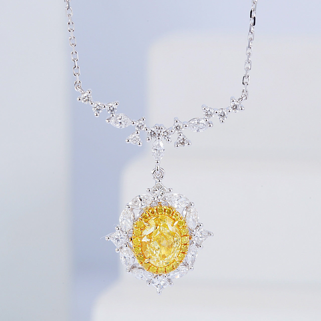 Oval Cut Yellow Diamond Designer Pendant in 18K White Gold -Front View