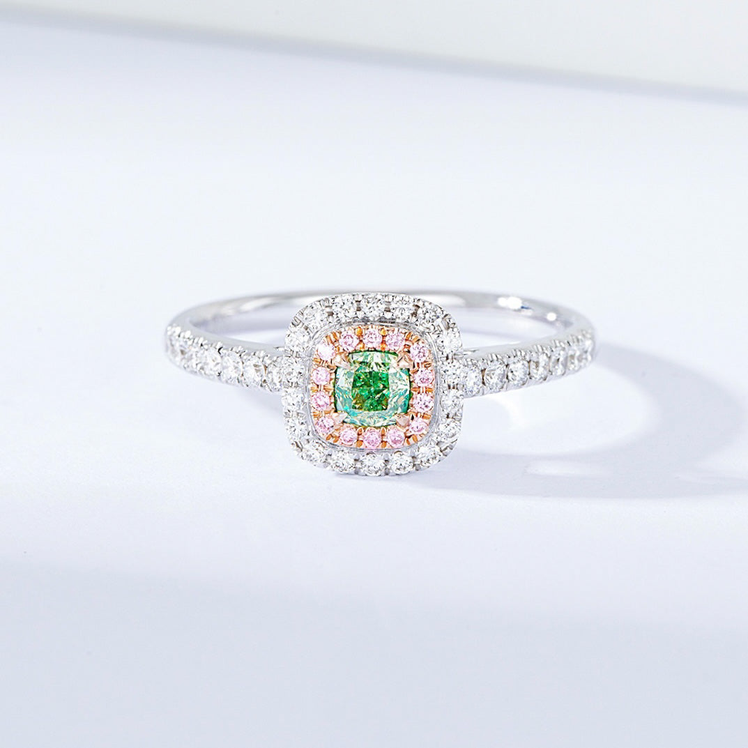 Cushion Cut Green Diamond Ring with Double Halo Design -Front View