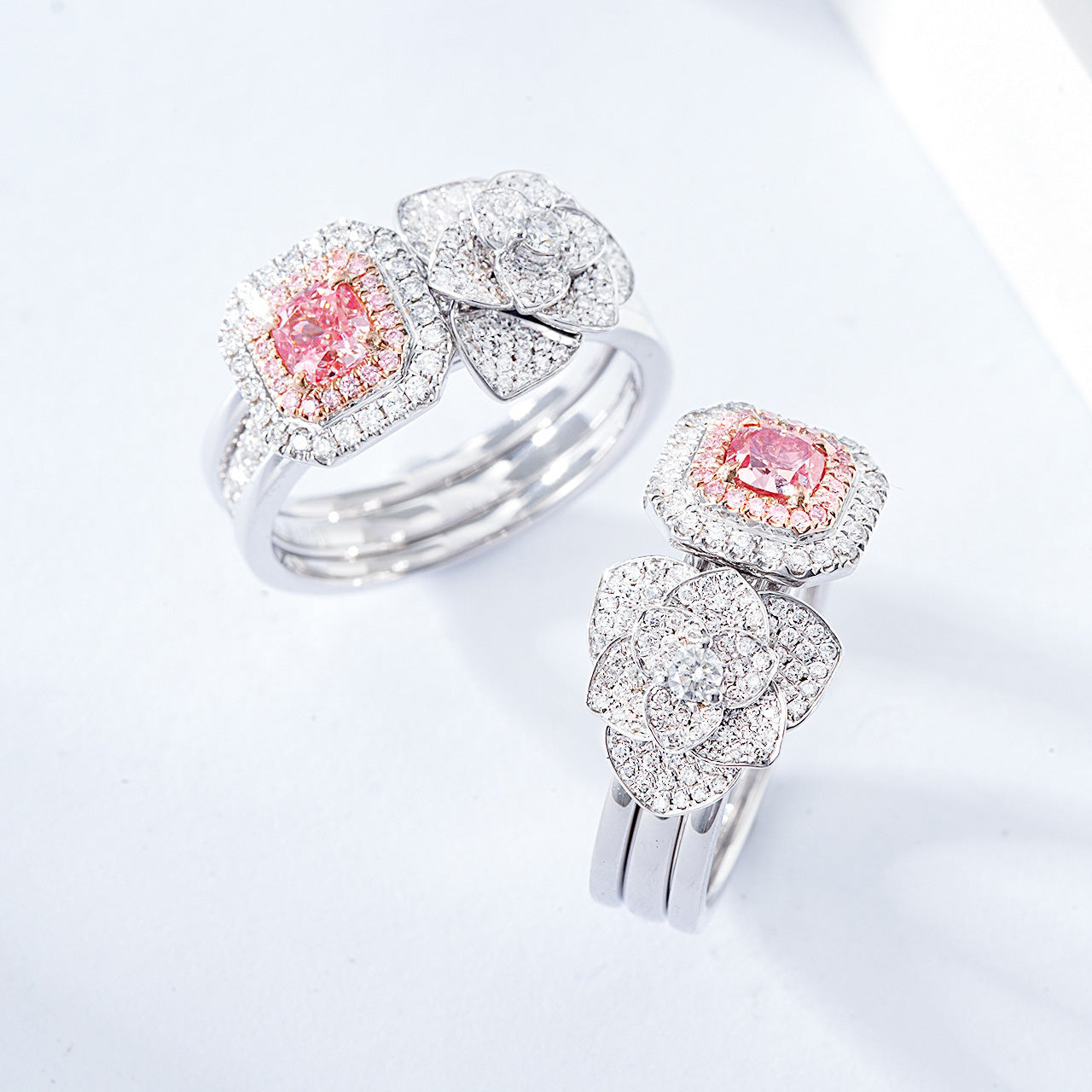 Convertible Cushion Cut Pink Diamond and Flower Design Ring Set -Side Angle