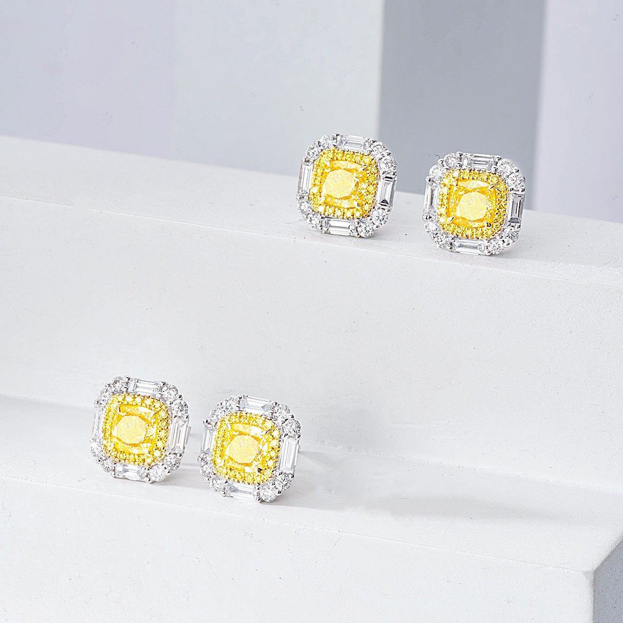 Cushion Cut Yellow Diamond Stud Earrings in White Gold -Side Angle