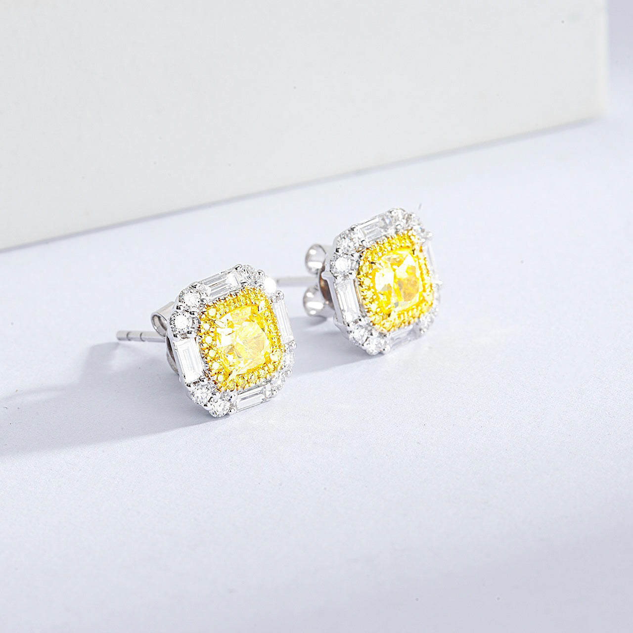 Cushion Cut Yellow Diamond Stud Earrings in White Gold -Top View