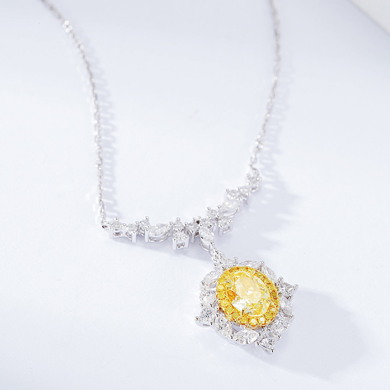 Oval Cut Yellow Diamond Designer Pendant in 18K White Gold -Top View