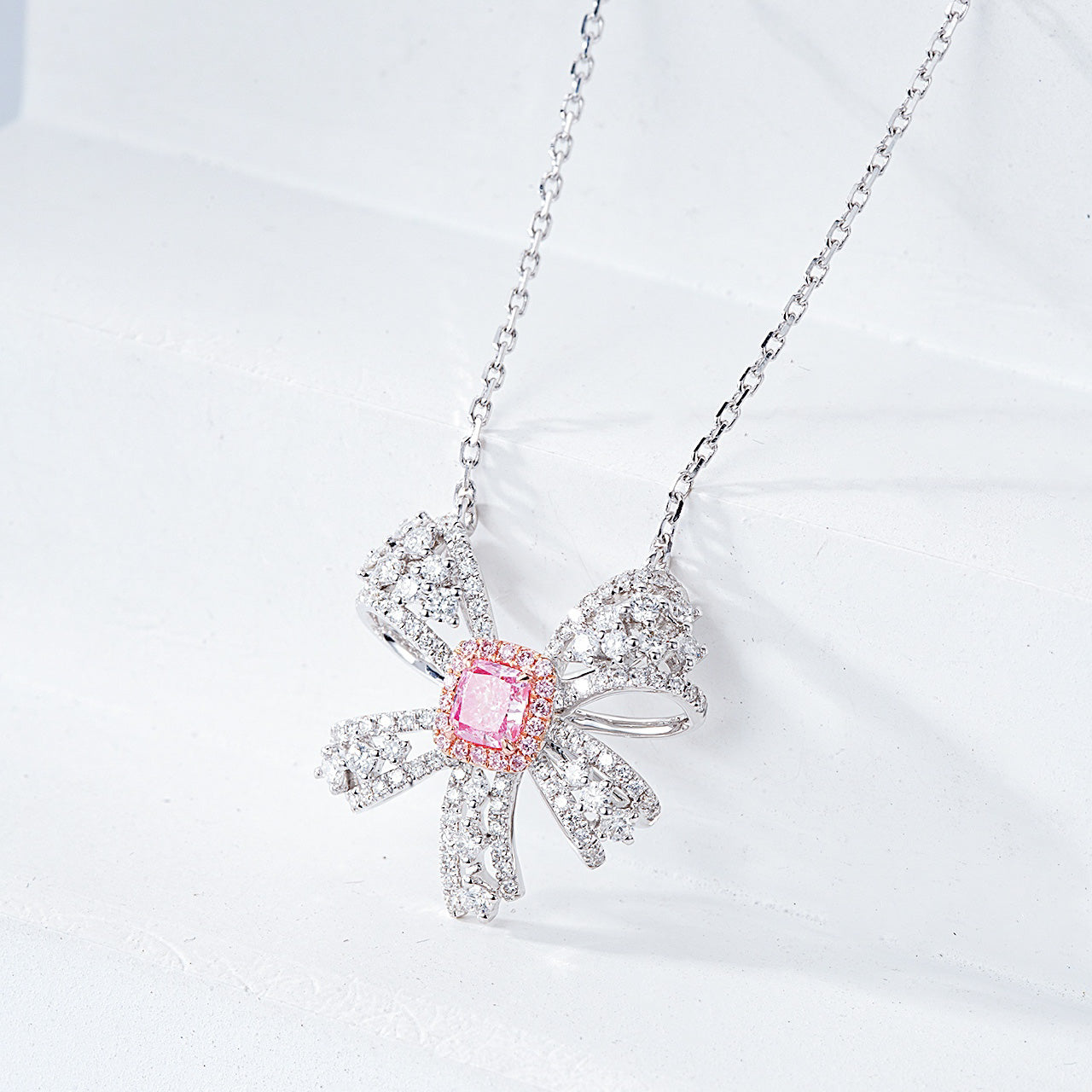 Cushion Cut Pink Diamond Designer Pendant in 18K White Gold -Top View