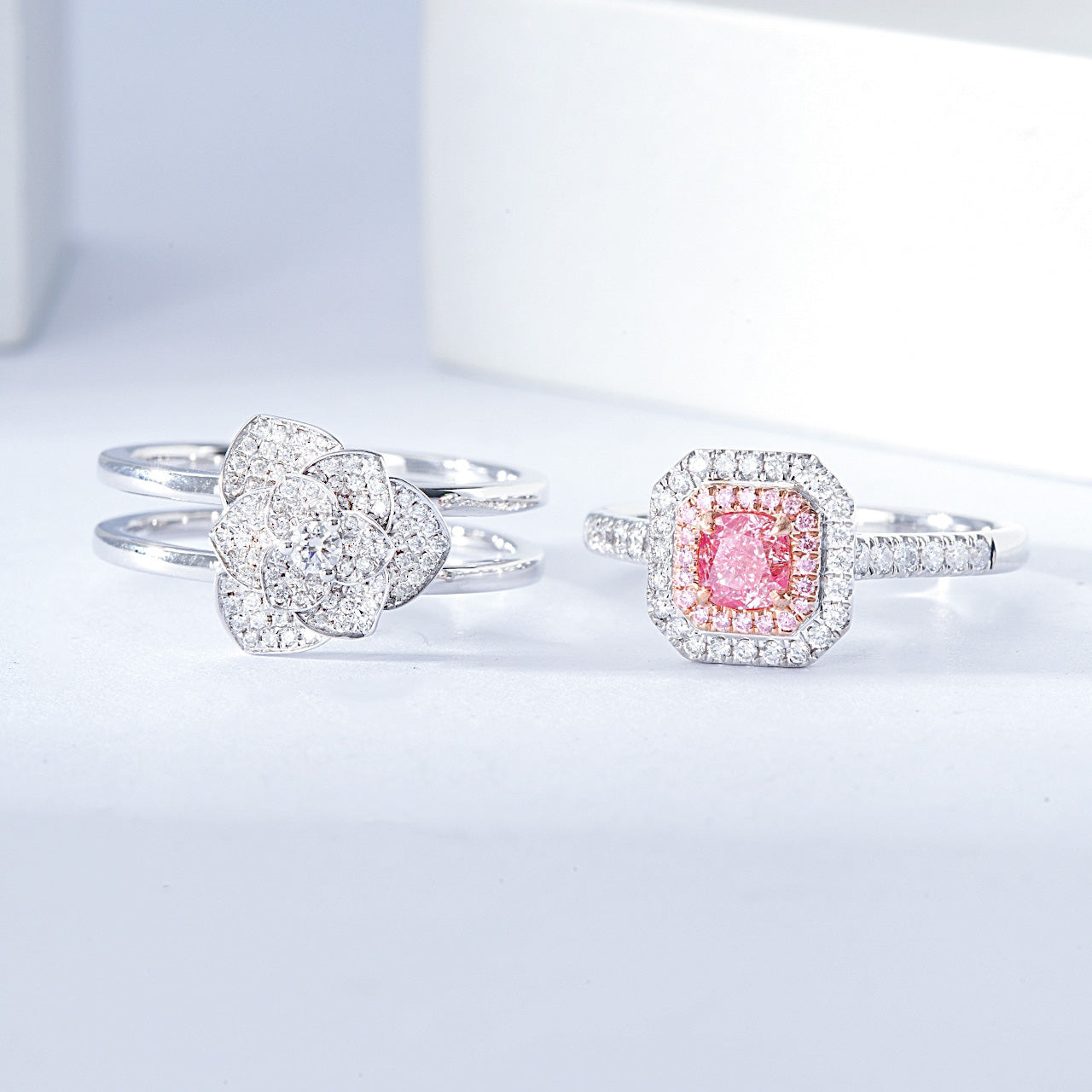 Convertible Cushion Cut Pink Diamond and Flower Design Ring Set -Top View