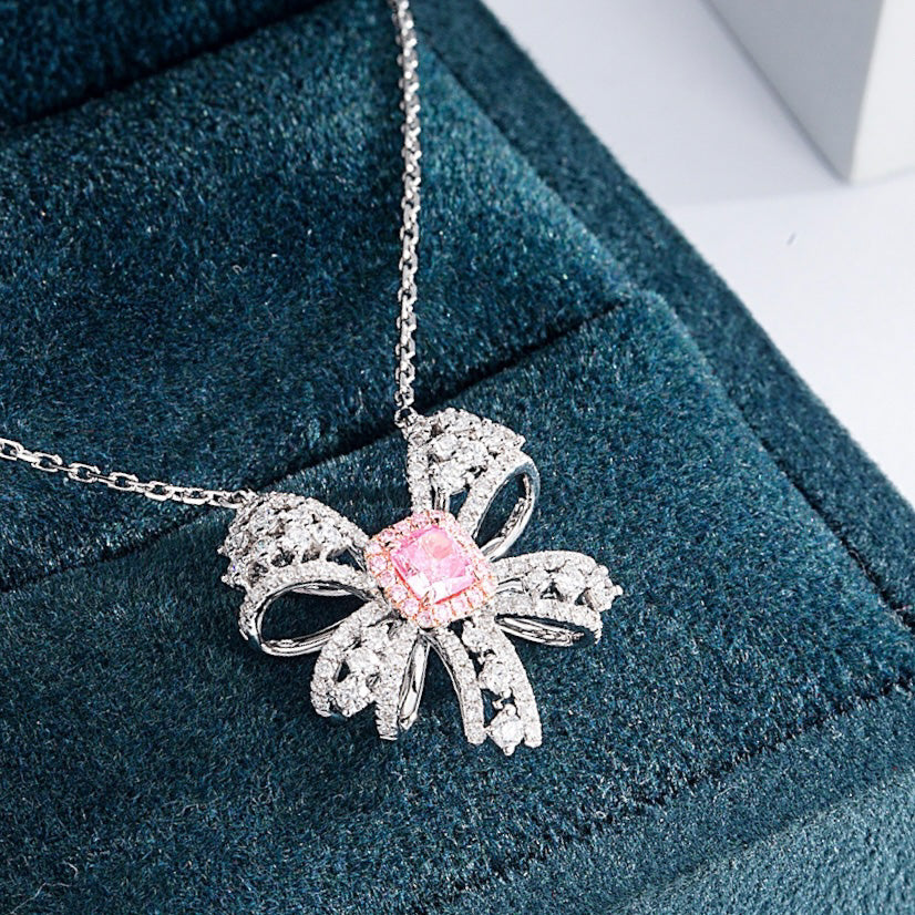 Cushion Cut Pink Diamond Designer Pendant in 18K White Gold -Perspective Close-up