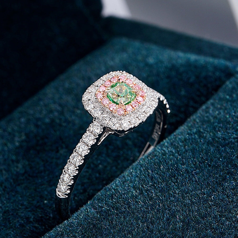 Cushion Cut Green Diamond Ring with Double Halo Design -Perspective Close-up