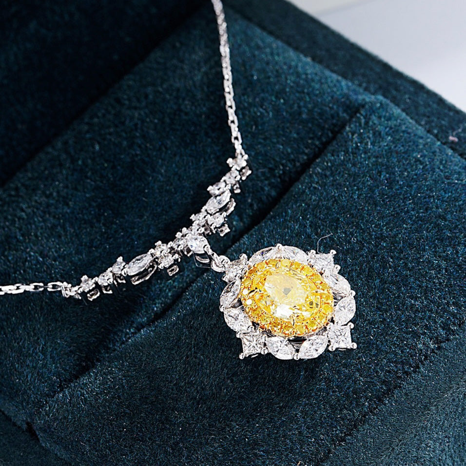 Oval Cut Yellow Diamond Designer Pendant in 18K White Gold -Perspective Close-up