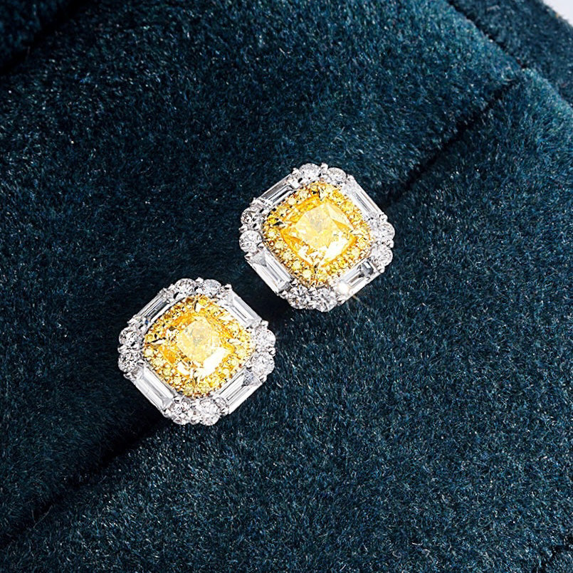 Cushion Cut Yellow Diamond Stud Earrings in White Gold -Perspective Close-up