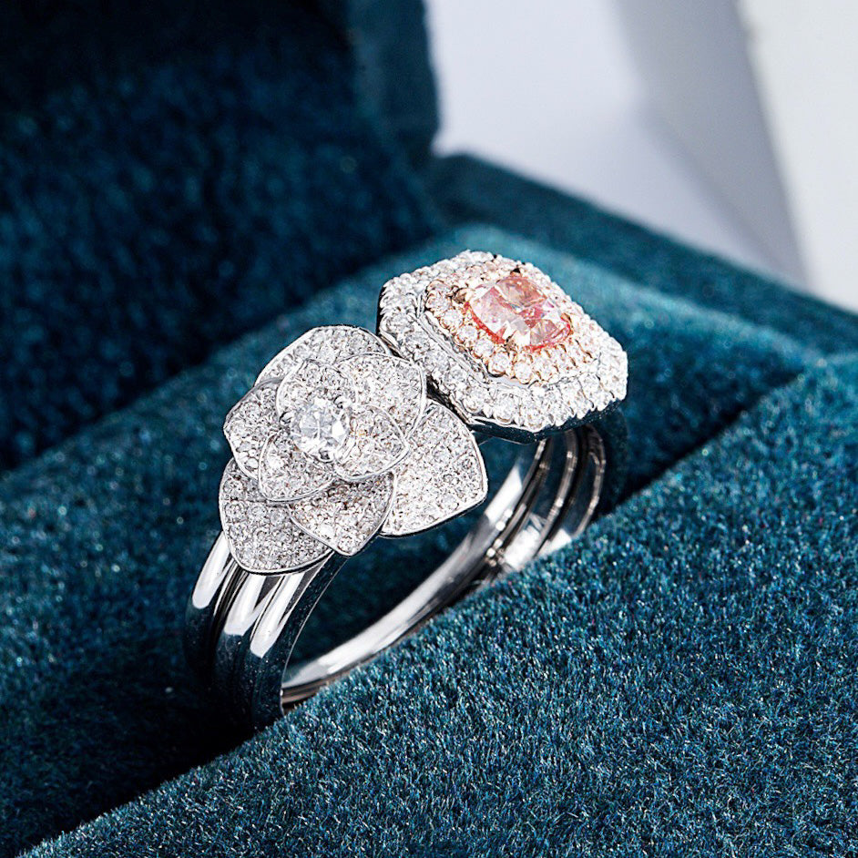 Convertible Cushion Cut Pink Diamond and Flower Design Ring Set -Perspective Close-up