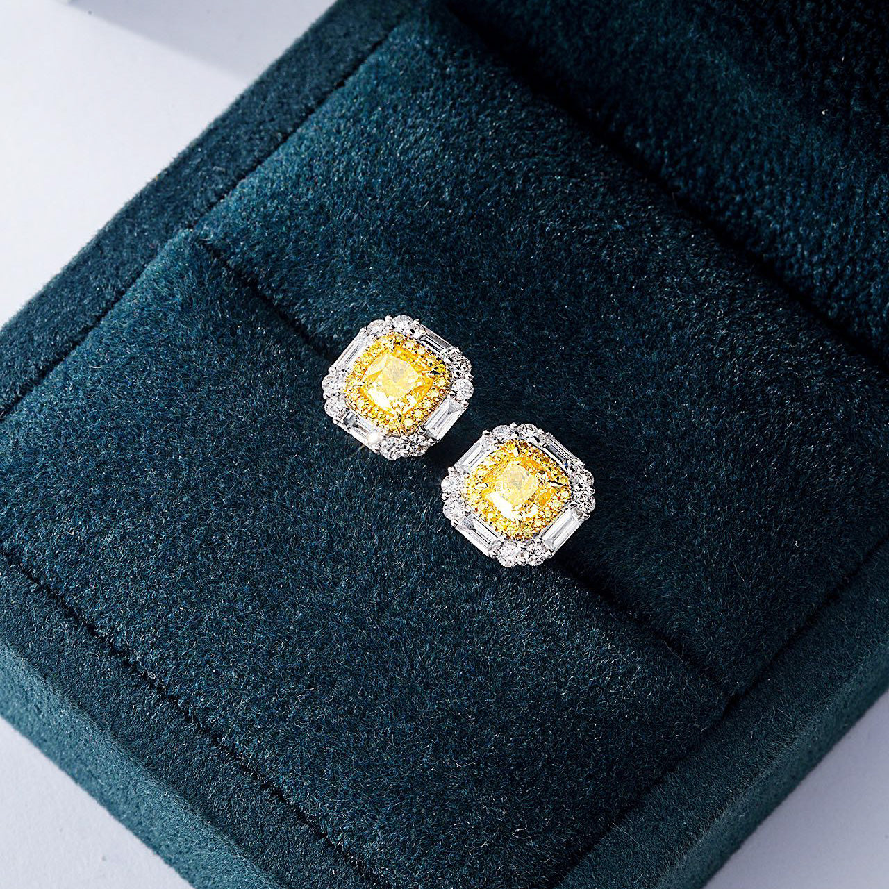 Cushion Cut Yellow Diamond Stud Earrings in White Gold -In-Box Display