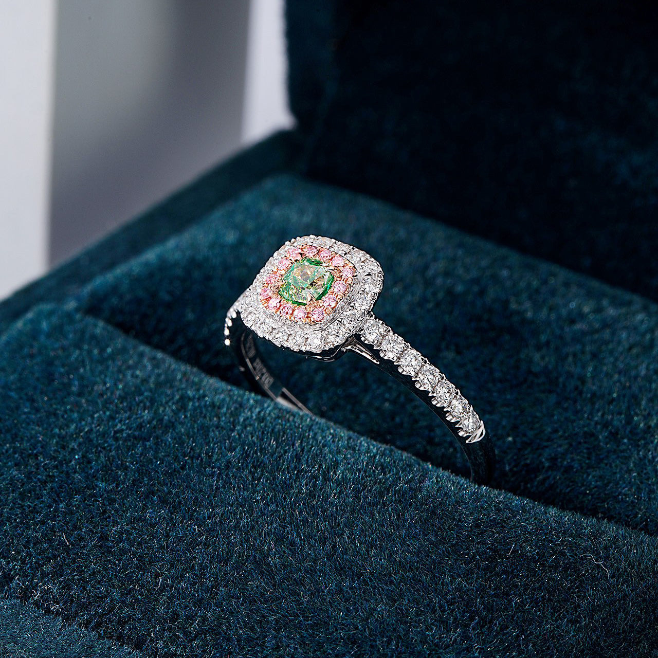 Cushion Cut Green Diamond Ring with Double Halo Design -In-Box Display