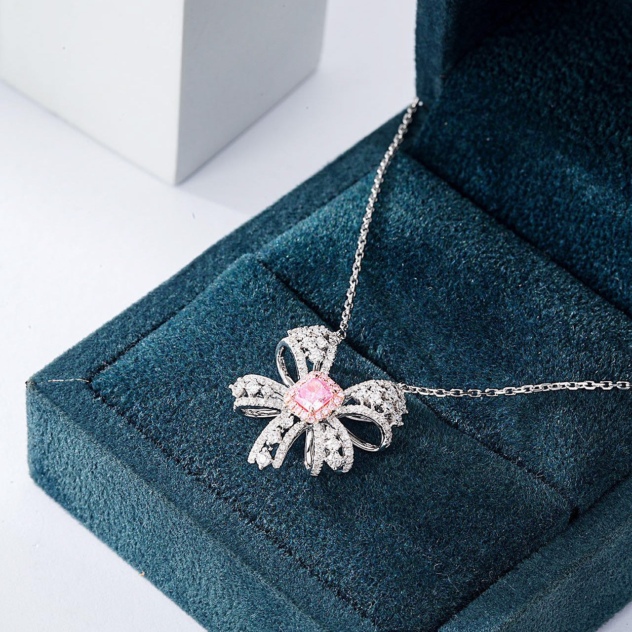 Cushion Cut Pink Diamond Designer Pendant in 18K White Gold -In-Box Display