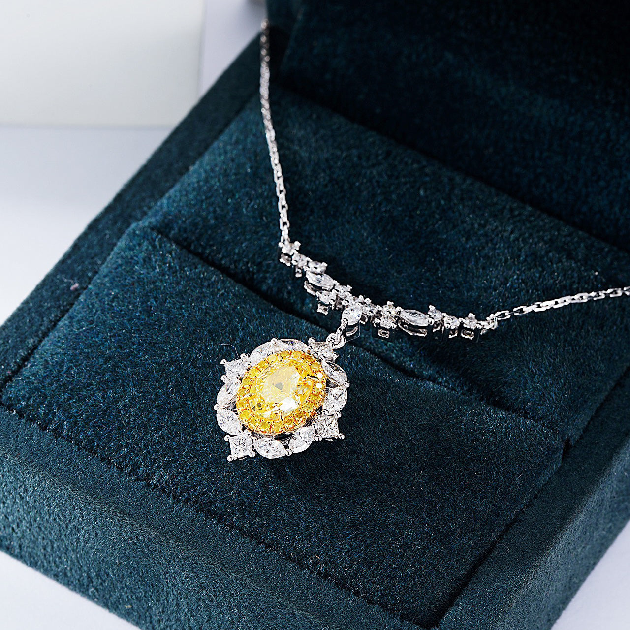 Oval Cut Yellow Diamond Designer Pendant in 18K White Gold -In-Box Display